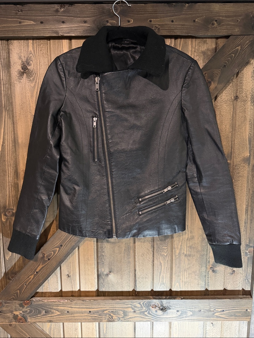 Hurley Black Leather Asymmetrical Zip Jacket with Ribbed Collar